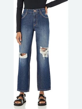 DKNY Distressed Wide-Leg Jeans in Medium Blue
